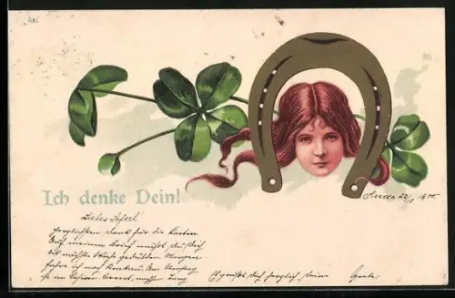 Lithographie Gedenke mein, Dame mit Hufeisen im Jugendstil