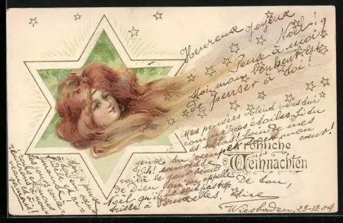 AK Weihnachstgrüsse mit rothaarigem Mädchen im Stern-Passepartout, Jugendstil