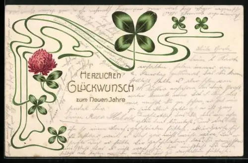 Präge-AK Glückwunsch zum Neujahr mit Kleeblättern und Blume, Jugendstil