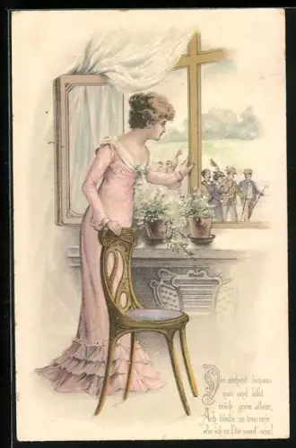 AK Dame schaut aus dem Fenster, mit einer Hand an einen Jugendstil-Stuhl gelehnt