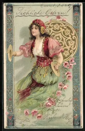AK Schöne Musikerin tanzt in Tracht, Jugendstil