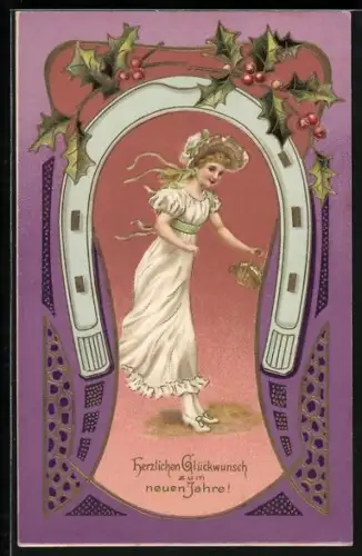 Präge-AK Neujahrsglückwünsche, Dame mit Körbchen im Jugendstil-Passepartout