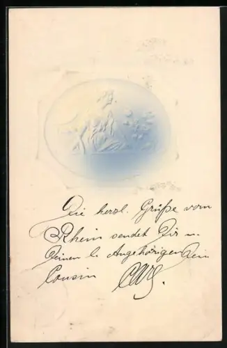 Präge-AK Szene mit Dame am Brunnen mit Blumen und Vögeln, Jugendstil