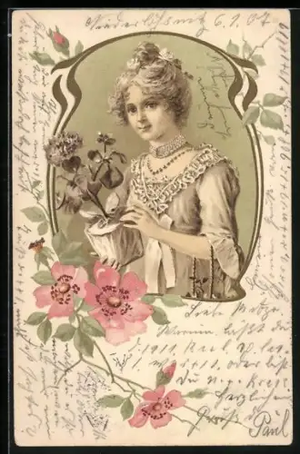 Präge-AK Frau mit Blumentopf im Jugendstil-Passepartout