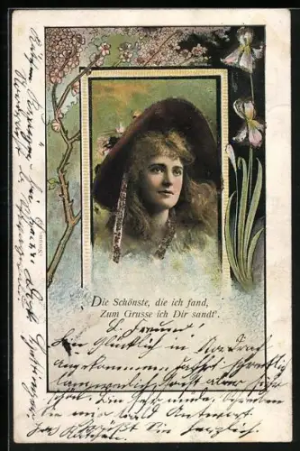 AK Dame mit Hut in der Natur, Jugendstil-Passepartout