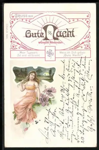 AK Allegorie Gute Nacht, Mädchen im orangenen Kleid mit Blumen