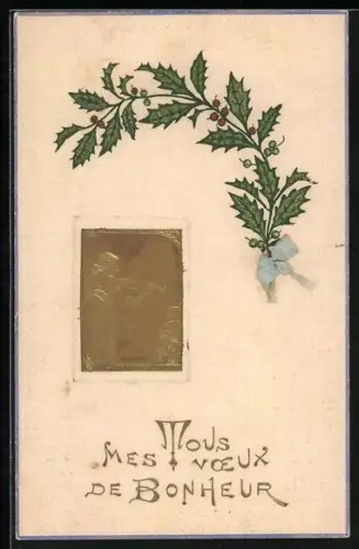 Präge-AK Geigenspielerin in Gold und Stechpalmenzweig, Jugendstil