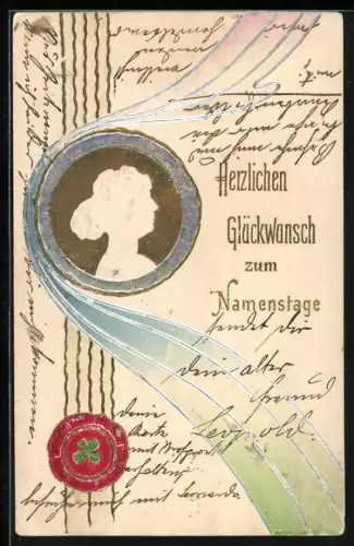 AK Glückwunsch zum Namenstag, Profil einer Dame in Gold eingefasst in metallen verziert, Jugendstil