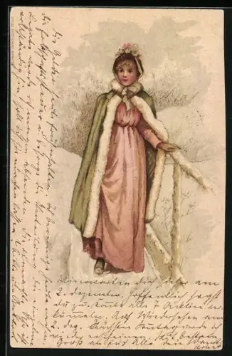 AK Fräulein im Mantel am Geländer im Schnee, Jugendstil