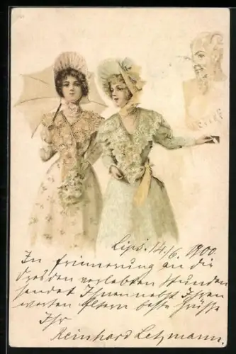 AK Zwei Fräuleins mit Hüten und Schirm, Jugendstil