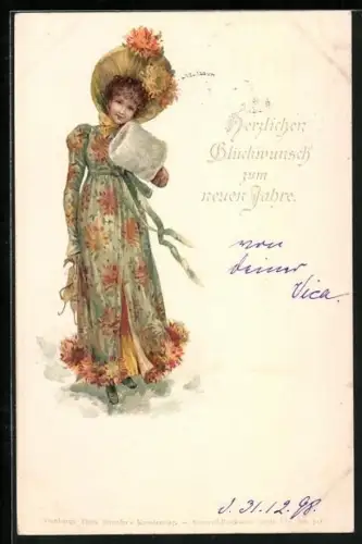 AK Neujahrsglückwünsche, Dame in Jugendstil-Kostüm
