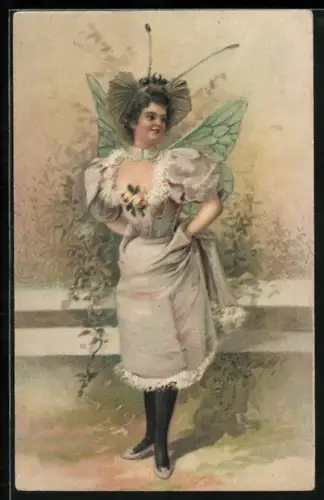 AK Dame in Feenkostüm mit filigranen Flügeln und Fühlern, Jugendstil