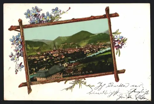 AK Bruck a. d. M., Ortsansicht mit Bergpanorama, Passepartout im Rahmen aus Stöcken
