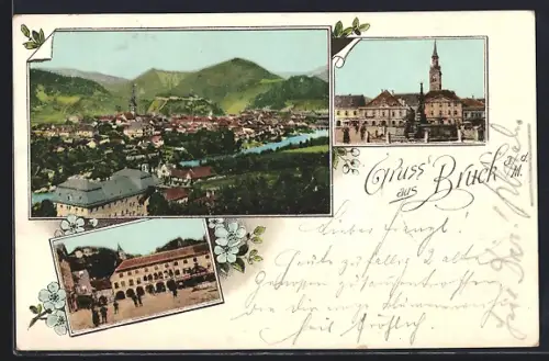 AK Bruck / Mur, Ortspartien und Gesamtansicht mit Umgebung