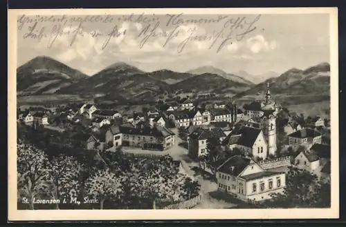 AK St. Lorenzen i. M., Ortsansicht mit Bergpanorama