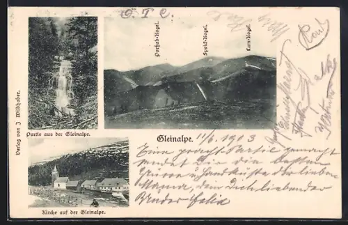 AK Gleinalpe, Wasserfall, Kirche und umliegende Berge