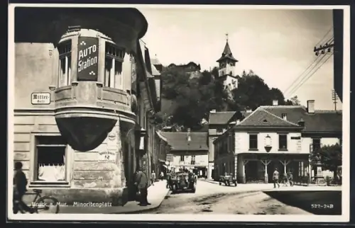 AK Bruck a. Mur, Minoritenplatz mit Auto-Station