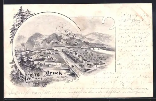 Lithographie Bruck an der Mur, Ortsansicht mit Bergpanorama