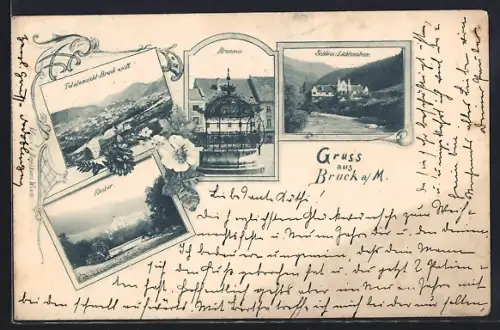 AK Bruck a. M., Totalansicht, Kloster, Brunnen und Schloss Lichtenstein