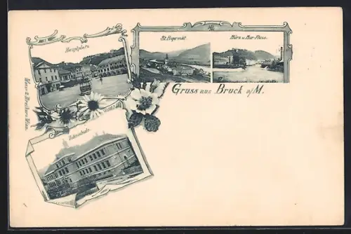 AK Bruck a. M., Hauptplatz, Volksschule, St. Ruprecht und Mürz und Mur-Fluss