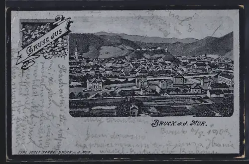 Metallfolie-AK Bruck a. d. Mur, Gesamtansicht mit Bergpanorama
