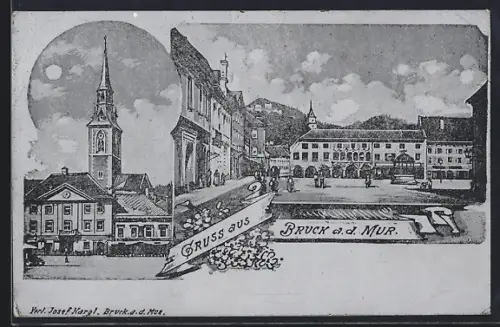 Metallfolie-AK Bruck a. d. Mur, Kirche und Hauptplatz