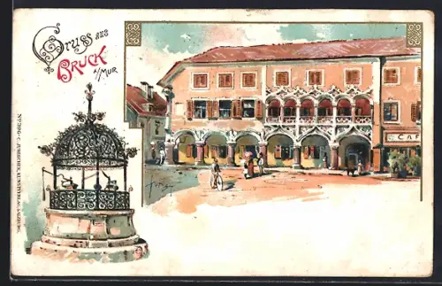 Lithographie Bruck a. Mur, Strassenpartie mit Cafe, Brunnen