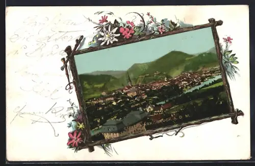 AK Bruck a. d. M., Ortsansicht mit Bergpanorama, Passepartout aus Stöcken