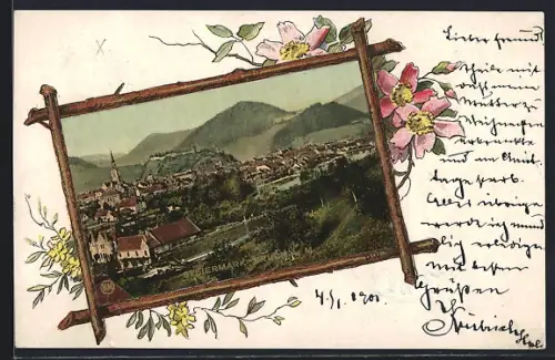 AK Bruck a. M., Ortsansicht mit Bergpanorama, Passepartout aus Stöcken