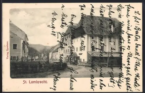 AK St. Lambrecht, Ortspartie mit Wohnhäusern und Geschäft