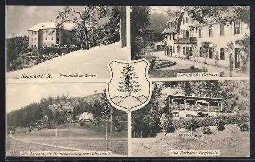 AK Neumarkt i. St., Pichlschloss im Winter, Kurhaus, Villa Barbara mit Promenadenweg zum Pichlschloss