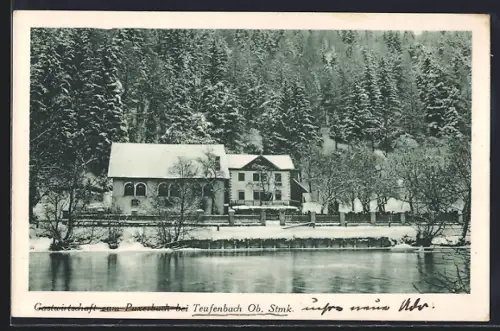 AK Teufenbach /Ob. Stmk., Ortspartie vom Wasser aus