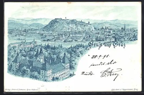 Lithographie Graz, Ortsansicht aus der Vogelschau