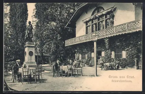 AK Graz, Gaststätte Schweizerhaus, Gebäude mit Denkmal und Gästen im Garten