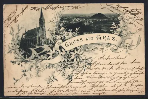 AK Graz, Herz-Jesu-Kirche und Totalansicht