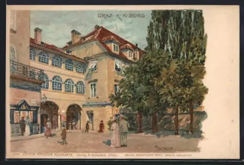 Lithographie Graz, Passanten an der K. K. Burg