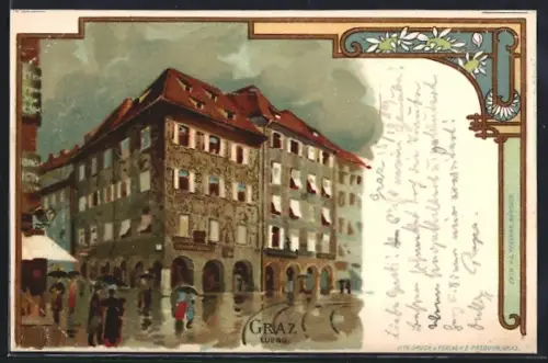 Künstler-AK Graz, Strassenpartie am Luegg-Haus bei Regenwetter