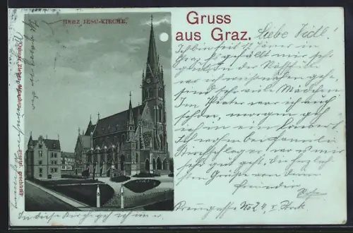 Mondschein-AK Graz, Herz Jesu-Kirche im Vollmondlicht