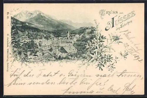 AK Aussee, Totalansicht mit Bergpanorama