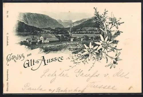 AK Aussee, Ortsansicht gegen den Dachstein
