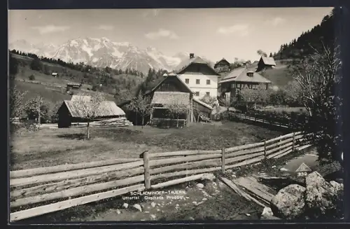 AK Schladming, Gasthaus Prugger mit Bergpanorama, Schladminger Tauern
