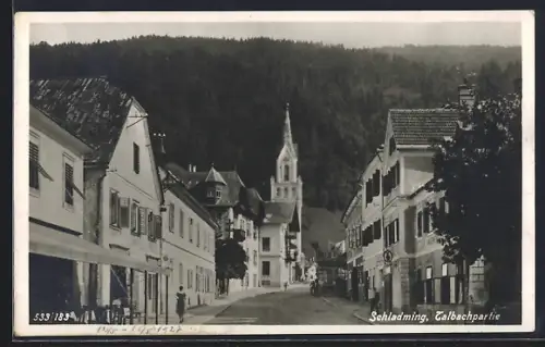 AK Schladming, Talbachpartie mit Kirchturm