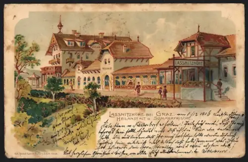 Lithographie Graz, Lassnitzhöhe, Heilanstalt und Sommerfrische, Panorama