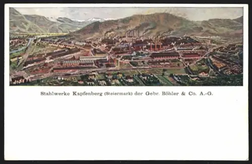 AK Kapfenberg, Stahlwerke Gebr. Böhler & Co. AG mit Bergpanorama aus der Vogelschau