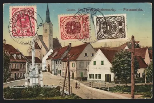 AK Gross-St.-Florian, Platzansicht mit Säulendenkmal, Kirche u. Geschäftshäusern