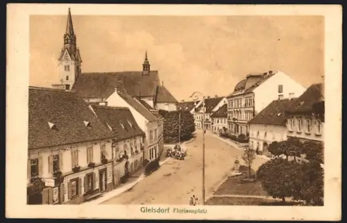 AK Gleisdorf, Floriansplatz mit Denkmal-Anlage u. Kirche aus der Vogelschau, Tabak-Trafik