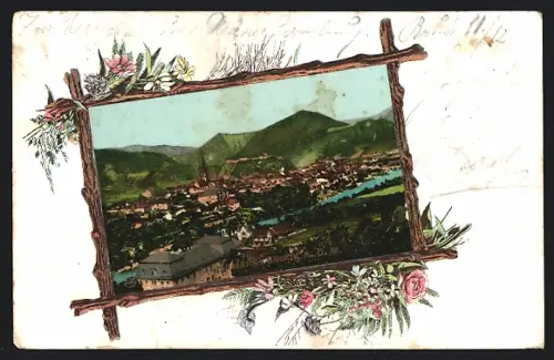 Lithographie Bruck a. d. M., Teilansicht mit Fluss u. Bergpanorama, Holzrahmen, Blumen