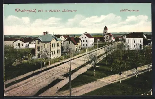 AK Fürstenfeld, Schillerstrasse mit Gabelung u. Turmgebäude aus der Vogelschau