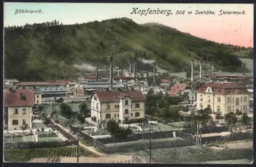 AK Kapfenberg, Böhlerwerk mit Wohnhäusern, Gärten u. Bergpanorama