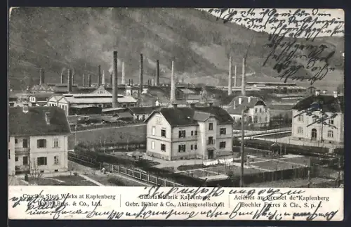 AK Kapfenberg, Gussstahlwerk der Gebr. Böhler & Co. AG, Teilansicht mit Wohnhäusern aus der Vogelschau